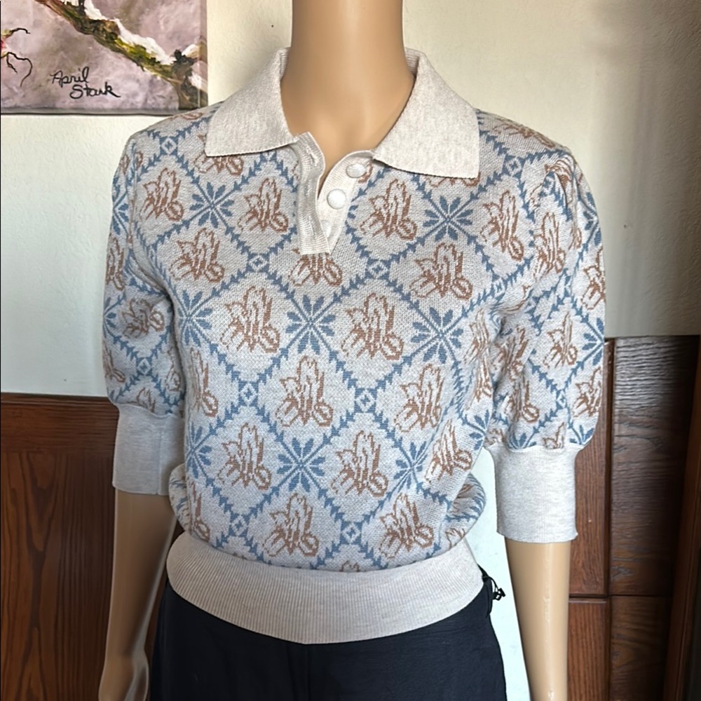 Simple Retro Knit Polo Sweater - Blue and Brown Pattern